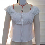 Women Fairy Grunge Babydoll Tops Y2k Lace Trim Short Sleeve T-shirt Korean Aesthetic Cute Square Neck Crop Top Milkmaid Blouses