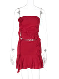Sexy Women Dress Sets Rose Strapless Crop Tops And Mini Skirt Sets Female Elegant Ruffled Club Party Two Piece Sets