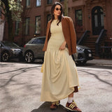 Fashion Simple Design Patchwork Long Dress New Sleeveless A-line Pleat Elegant Chic Summer Dress Streetwear Female Clothing