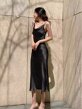 Women Satin Solid Color Swinging Collar Evening Dress Elegant Party Dresses New Summer Sexy Spaghetti Strap Backless Maxi Dress