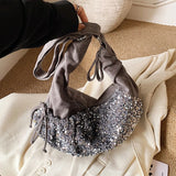Women's Silver Sequin Crossbody Bag Drawstring Design Shiny Party Evening Casual Shoulder Bag Fashion Sparkly Handbag