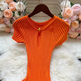 Pbong  Chic Fashion Slim Waist A-line Knitted Dress  Summer O-neck Elegant One Button Party Dress Korean Outfits Vestidos