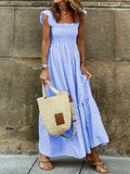 Pleate Loose Retro Sleeveless Checkere Dress Summer Fashion Women's Bohemian Casual Large Hem Dress Slip Dress Beach Sundress
