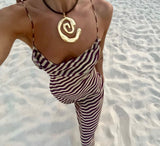 Fashion Striped Printed Beach Dress Women Sexy Mesh See Through Long Dress Summer Spaghetti Strap Slim Evening Party Dress