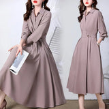 Gray High-quality Long-sleeved Shirt-collar Dress Women's Simple Office with Pockets Work Fashion Dress Autumn Clothes