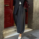 Black-Gray Plaid Lantern Trousers High-Waisted Wide-Leg Spring Streetwear Women Bottoms Fashion Chic Casual Daily Pants