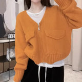 Women's Zip Up Knit Cardigan with Pocket V-neck Zipper Front Crop Sweater Jacket Female Teen-girl Autumn Winter Y2K Outfit