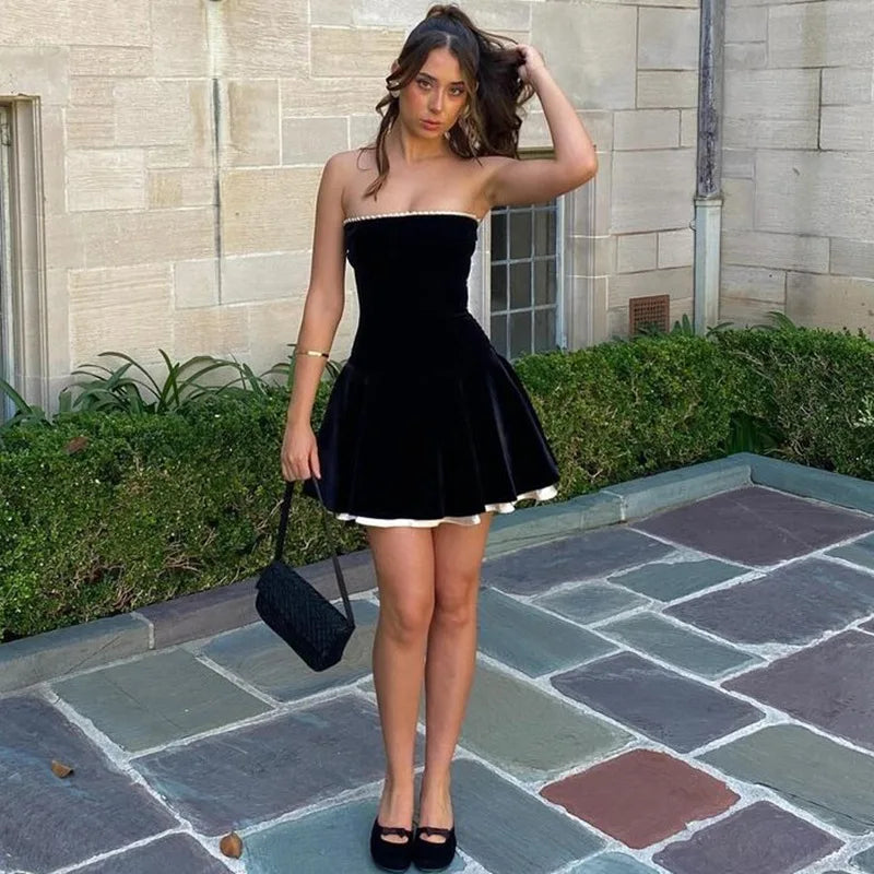 Strapless Lace Up Black Mini Dress Women Off Shoulder Sleeveless Sexy ...