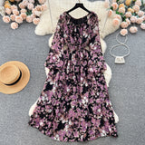 Pbong  Women Dress Spring and Autumn Fashion Print Floral Elastic Waist A-line Chiffon Dress Korean Beach Long Robe Femme