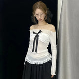 Slash Neck Korean Sexy High Street All Match Casual Shirts Front Pleated Bow Appliques Girl Tops Y2k Aesthetic Girl Clothing