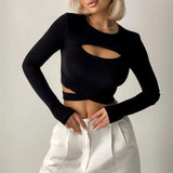 Pbong  Autumn hollow bandage O-neck T-shirt Spring slim fit short T-shirt Women's long sleeved black crop top