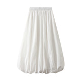 Pbong  Women's Elegant Elastic High Waist Solid Color A-Line Pleated Puffball Hem Casual Flowy Balloon Bud Midi Skirts