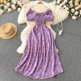 Pbong  Romantic Floral Print Long Dress  New Summer Off Shoulders Puff Sleeve Big Swing Women Dress Korean Party Vestidos