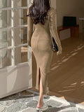 Khaki V-Neck Long-Sleeve Split Maxi Dress