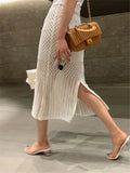 Summer Hollow Out Knit Long Skirt Casual Wrap Ladies Pencil See Through Midi Skirts Bodycon Korean Streetwear