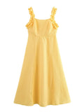 Fashion French Yellow Suspender Dress Long Dress 2025 Summer Ruflle Square Collar New Dress A-line Simple Fashion Woman Clothing