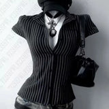 Women's Blouse Polo Neck Short Sleeve Striped Single Breasted Regular Length Tops For Women Female Clothing Woman Clothes