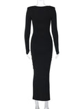 Elegant Flower Hollow Out Midi Dress For Women Black V Neck Long Sleeve Bodycon Sexy Dress Female Skinny Party Dress