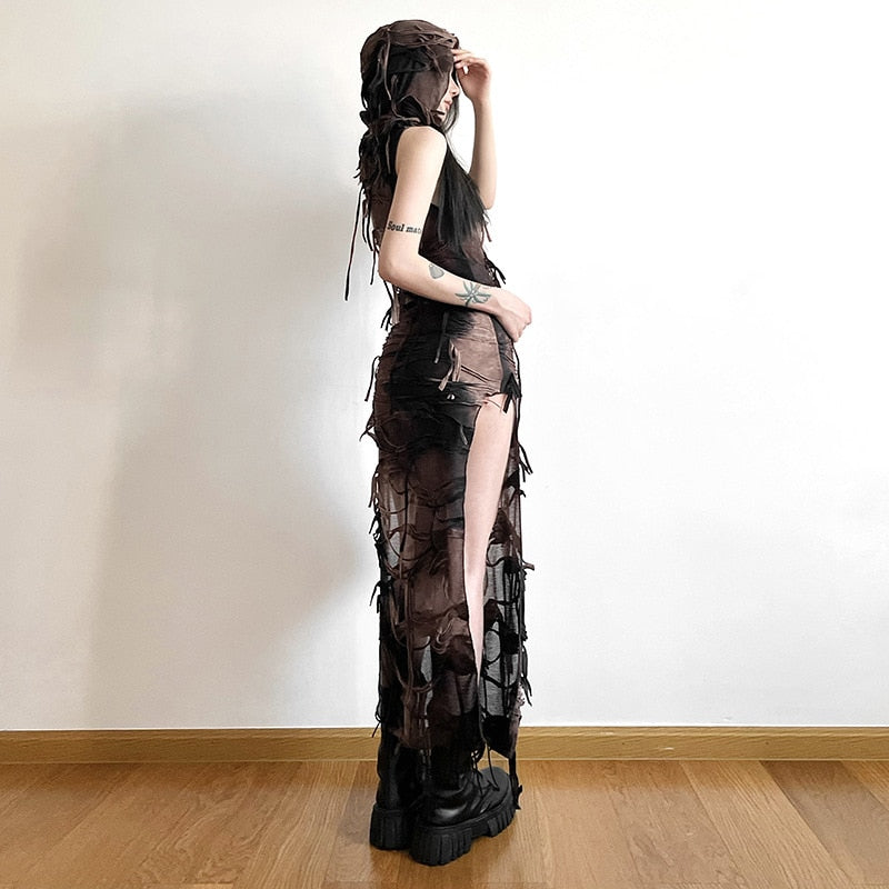 Goth Dark Tassel Vintage Gothic Hooded Midi Dresses Fairy Grunge Y2k Sexy High Split Dress Female Sleeveless Tie Dye Streetwear