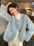 Women Sweet Cute Faux Lamb Coat Winter Warm Thick Slim Long Sleeve Vintage Jacket Korean O Neck Elegant Pearls Buttons Tops New