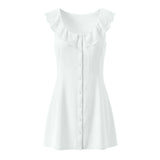 Pbong  Sexy Black Spliced Lace Ruffles O neck Sleeveless Dress Women Tie Bow Sashes Back Single-breasted Buttons Tank Dresses Vestidos