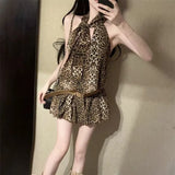 Pbong  Women's Leopard Print Halter Sleeveless Ruffle Mini Dress Belted Slim Fit Casual Party Fashion Dress