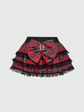 Pbong  J-Fashion Y2K Gyaru Himekaji Harajuku Lolita Oversized Bowknot Low Waist Lace Frilled Plaid Mini Skirt For Women