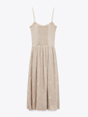 New Ladies Elegant Casual Suspender Embroidered Linen Dress