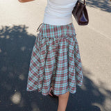 Cottage Plaid Low Low Rise Midi Skirt Vintage Tie-Up Ruffle Hem A Line Skirt Women Gingham Loose Tiered Skirt Y2k Streetwear