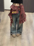 Pbong  Y2k Aesthetic Plaid Irregular Ruffled Skirts Vintage Women Streetwear Letter Print Faldas Harajuku Grunge Casual Bandage Skirt