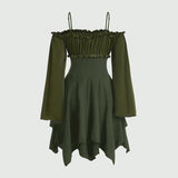Women's Dresses Autumn Halloween Contrast Color Asymmetrical Hem Flounce Trim Lace Up Long Sleeve Off Shoulder Mini Dre