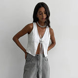 Casual Lace Up Vest Top Female Sexy Cut Out Sleveless Cardigan White Cotton Tanks Summer Fashion Hot Girl Club Party Vest