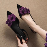 Flower Heeled Sandals Women's Pointed Toe Elegant Heels Shoes New Sexy Slingback Slippers Suede Fashion Party Mujer Sandalias