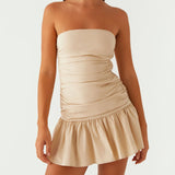 Pbong  Women's Ruched Tube Top Dress Strapless Sleeveless Slim Fit Flare Dress Summer Clubbing Dress