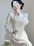 Autumn Women White Solid Long Sleeve Long Dress Elegant A-line Sweet Dresses Vintage Casual Birthday Vestidos Female Clothes