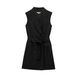 Fashion Simple Slim Fit Blended Short Dress Elegant Solid Color Lapel Summer Dress With Belt Dresses Bouble Breasted Dress