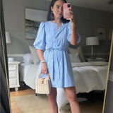 Stripe Puff Sleeve All-match Women Dress With Belt 2025 New Round Neck Casual Short Dress A-line Elegant Chic Female Vestidos