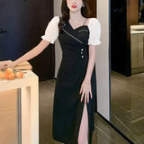 Temperament Sweet Summer Dresses Women's V-Neck Button Pleated Patchwork Split Elegant Short Sleeve Slim Midi Fairy A-line Dress