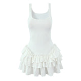 Pbong  Sexy Bow U collar Knitting cotton Tank Dress Women Low Waist Cascade Ruffles Wood ears Hem Short Dresses Femme Mini Robe