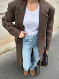 Brown Shoulder Pad Woolen Overcoat Women Elegant Lapel Single-breasted Long Sleeve Coat 2025 Autumn Lady Commuter Outerwear