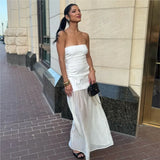 Fashion White Beige Patchwork Strapless Long Dress New Slim Pleat Women Summer Dress Vacation Beach Chic Woman Clothing