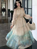 Autumn Women Printed Midi Dress Vintage Off Shoulder Halter Long Sleeve Loose A-Line Casual Dresses Female Vestidos Mujer New