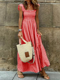 Pleate Loose Retro Sleeveless Checkere Dress Summer Fashion Women's Bohemian Casual Large Hem Dress Slip Dress Beach Sundress