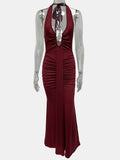 European American Elegant vacation style Sexy Streetwear hanging neck backless deep V-neck solid color Bodycon long Dress