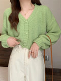 Sexy Cropped Sweet Cardigan Women V Neck Vintage Slim Long Sleeve Knitted Sweaters Korean Causal Simple Solid Lady Fall Tops New