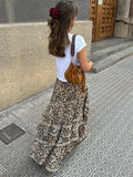 Leopard Printed Maxi Skirt Female Ruffled Patchwork Fashion Summer High Waist Bandage Party Looks Women Long Skirt