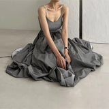 A-line Pocket Street Cargo Dress V-neck Solid Color Gray Pleated Dress Sleeveless Korean Chic Long Dress 2025 Summer New