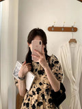 Pbong  Ele Hepburn Sle Floral Print Bubble Sve Midi Dr round Ne Godd Aosphere New Street Faion Queen Dr