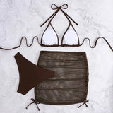 3 Pieces Solid Swimsuit Women Triangle String Bikini Sexy Swimwear Female With Drawstring Skirt Bathing Swimming Swim Suit