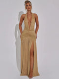 Glitter Deep V Neck Sexy Maxi Dress For Women Gown Fashion Sparkle Halter Sleeveless Backless Split Club Long Dress